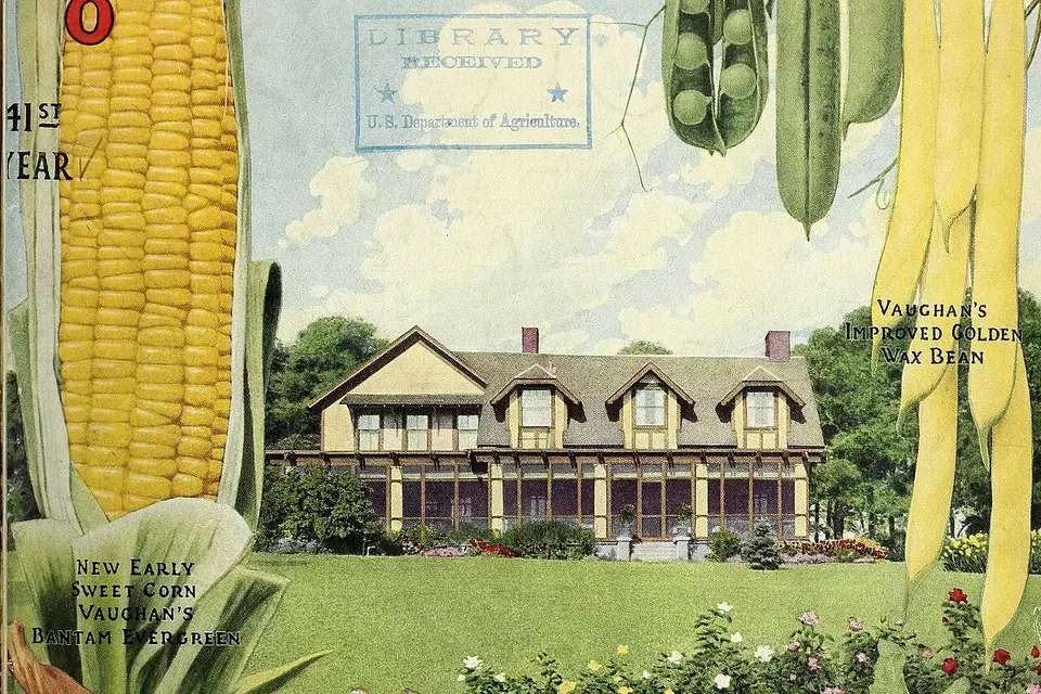 Detail of a 1918 seed catalog cover with a country house framed by corn, peas and beans